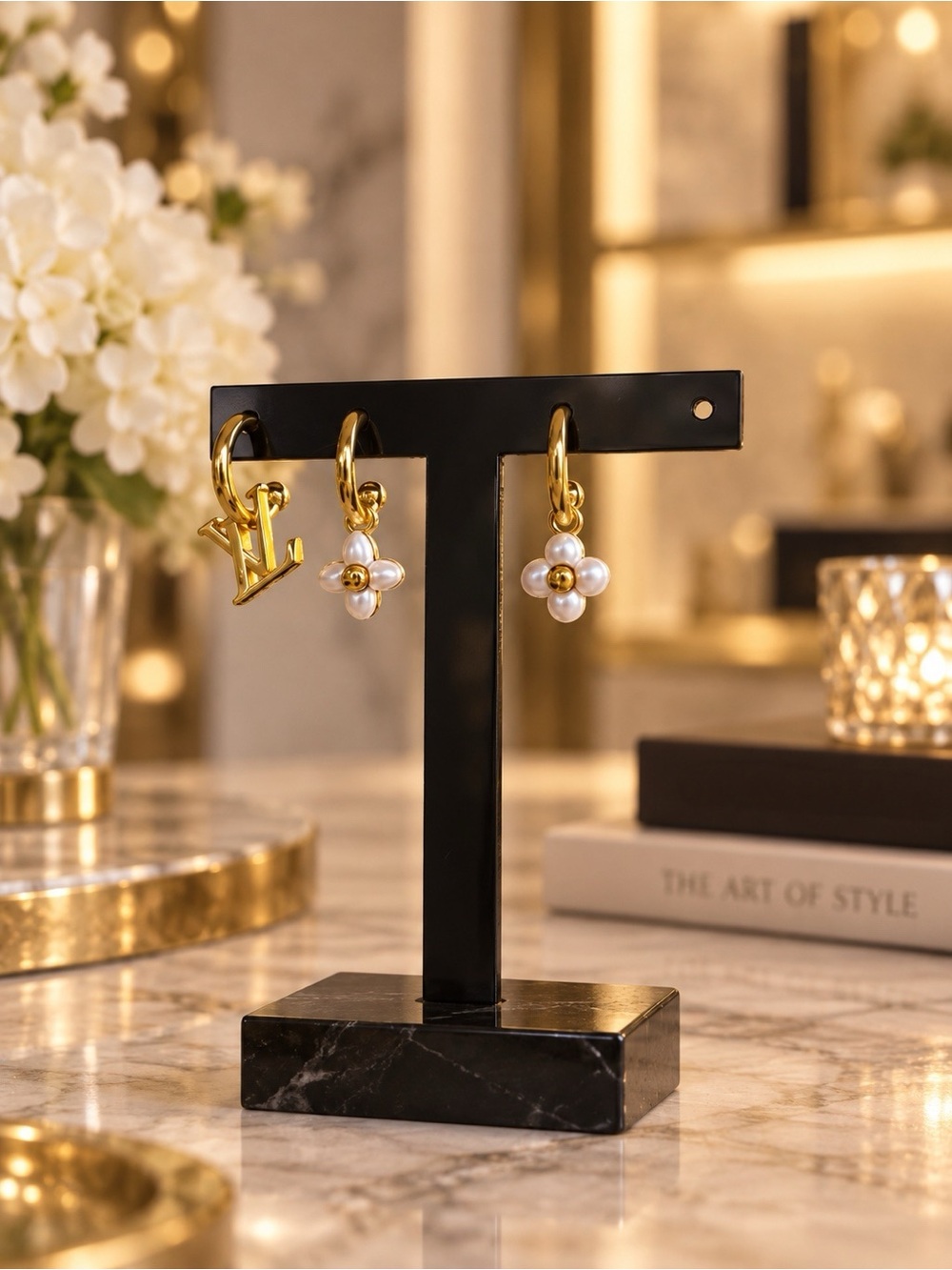 3 Gold Hoop Earrings with Pearl Quatrefoil, Monogram Charms